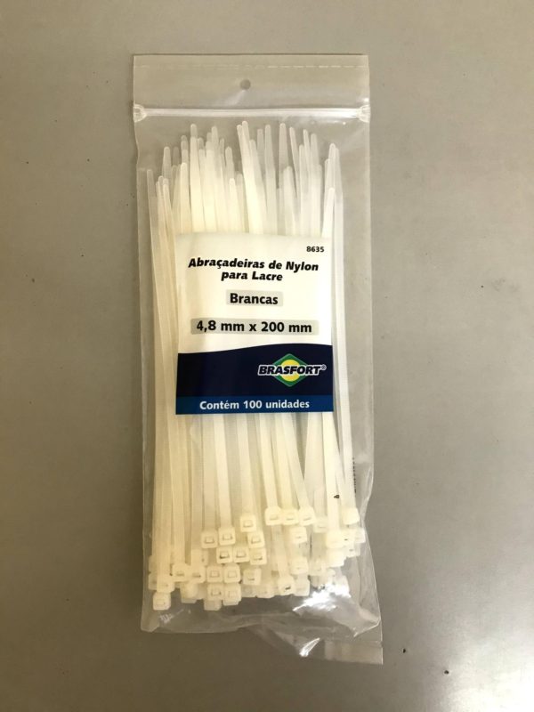 Abraçadeira de nylon para lacre - branca - 4,8mm x 200 mm - c/ 100 - Brasfort