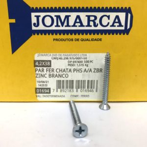 PARAFUSO FERRO CHATA PHS A/A ZBR ZINCADO BRANCO - 4,2X38 - JOMARCA