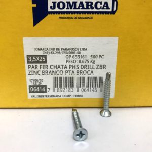 PARAFUSO FERRO CHATAPHS DRILL ZBR ZINCADO BRANCO PTA BROCA - 3,5X25 - JOMARCA