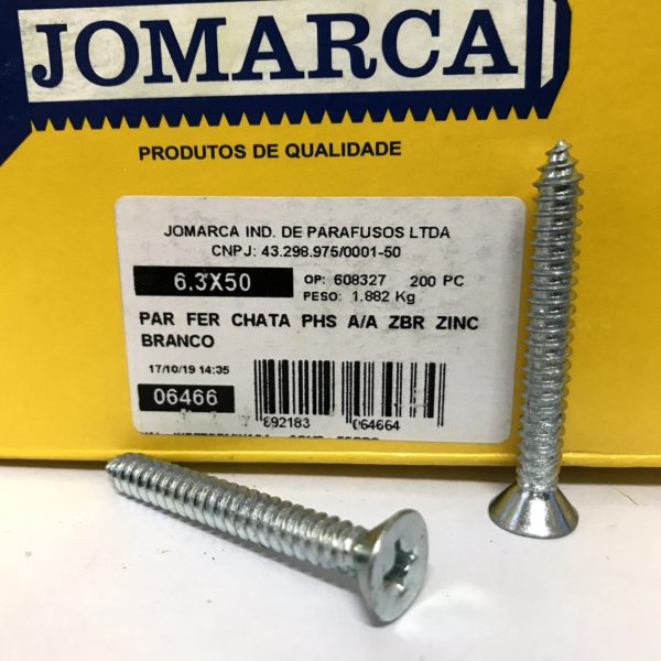 PARAFUSO FERRO CHATA PHS A/A ZBR ZINCADO BRANCO - 6,3X50 - JOMARCA